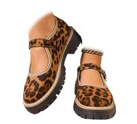 Women's Mary Jane Shoes, Platform Non-Slip Classics Round Toe Flat Shoes Adjustable Ankle Strap Black Oxford Shoe for Dressy Office Party Dress Shoes (6.5,Leopard Brown)