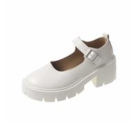 Women's Mary Jane Shoes Thick Sole Shoes Bow Pearl Decoration Gothic Sweet Looking Platform Shoes Leather Decoration Low Heel Shoe (White, 6.5)