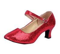 Women's Mary Jane Shoes with Block Heel, Closed Pointed Toe, Simple Pump Buckle, Clothes Shoes with Middle Heel, Ankle Straps, Sequins, Dance Shoes, Size 35-41, red, 4.5 UK