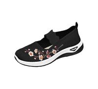 Women's Mary Jane Shoes Woven Flower Embroidered Knitted Loafers Mesh Breathable Soft Nurse Shoes Anti-Slip Orthopedic Walking Loafers Arch Support Sneakers Black