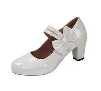 Women's Mary Jane Strappy Pumps High Heels Block Heel Rockabilly Chunky Heels Pumps with Bow Non-Slip Slip On Loafer Retro Elegant Dance Shoes, White, 6 UK