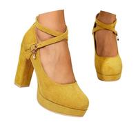 Women's Mary Jane Style Round Toe Platform Sole Cross Ankle Strap Matte Suede Look Chunky Block Heel Comfortable Everyday Shoes Perfect for Oktoberfest and Leisure, yellow, 9 UK