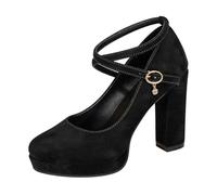 Women's Mary Jane Style Round Toe Platform Sole Cross Ankle Strap Matte Suede Look Chunky Block Heel Comfortable Everyday Shoes Perfect for Oktoberfest and Leisure, black, 5 UK