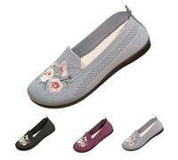 Women's Mary Jane Walking Shoes Knit Embroidered Slip on Trainers Non Slip Orthopedic Flats Lightweight Breathable Casual Sneakers All Day Walking Non Slip Soft Sole Nursing Shoes Grey