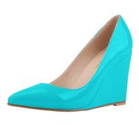 Women's Mary Jane Wedge Pumps with Floating Heel Furry Faux or Leather Slip-on or Buckle Closed Pointed Toe Low Heel Cute Elegant Dress Shoes for Work Business Office Travel Party Light Blue