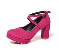Women's Mary Janes Suede Pumps with Cross Straps and High Platform Sole, Block Heel, Comfortable Closed Clasp Pumps, Perfect for Oktoberfest, Traditional Parties and Casual Everyday Outfits, Hot Pink