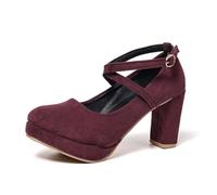 Women's Mary Janes Suede Pumps with Cross Straps and High Platform Sole, Block Heel, Comfortable Closed Clasp Pumps, Perfect for Oktoberfest, Traditional Parties and Casual Everyday Outfits, Wine Red