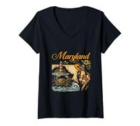 Women's Maryland Map Chesapeake Bay Lighthouse with Blue Crab Oriole V-Neck T-Shirt