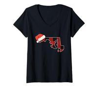 Women's Maryland Plaid Christmas Santa Hat Holiday Matching Design V-Neck T-Shirt