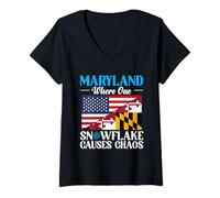 Womens Maryland State Snowflake Causes Chaos America USA Winter V-Neck T-Shirt