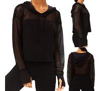 Womens Mash Running Hoodie Lightweight Workout Gym Activewear Comfy Breathable Long Sleeve Pullover Tops Loose Drawstring Black Mesh Training Tops Blouse
