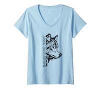 Womens Mashantucket Pequot Ice-Eyed Wolf Indian Tribal Heritage Art V-Neck T-Shirt