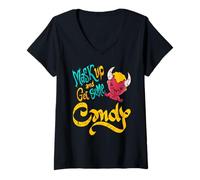 Womens Mask Up Devil Mischief Candy Run Halloween Humor V-Neck T-Shirt