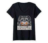 Women's Masked and Dangerous Funny Raccoon Halloween Men Women V-Neck T-Shirt