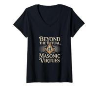 Womens Masonic_symbol with"beyond the_rituals, masonic_virtues"S&C V-Neck T-Shirt