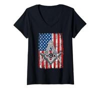Womens Masonic USA American Flag Square & Compass Freemason V-Neck T-Shirt