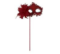 Women's Masquerade Masks Side Feather Flower Petal Hand Held Lace Mask with Stick,(Red)