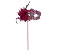 Women's Masquerade Masks Side Feather Flower Petal Hand Held Lace Mask with Stick (Rose Red)
