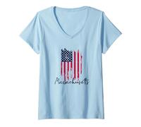 Womens Massachusetts Ragged Ripped Torn Tattered USA American Flag V-Neck T-Shirt