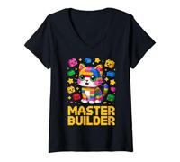 Womens Master Builder Cat Lover Building Bricks Blocks Kids Girls V-Neck T-Shirt