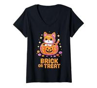 Womens Master Builder Halloween Cat Lover Building Bricks Blocks V-Neck T-Shirt