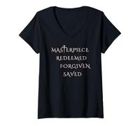 Women's Masterpiece Redeemed Forgiven Saved Cross Uplift Christian V-Neck T-Shirt