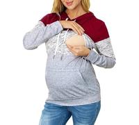 Women's Maternity Clothes Color Blocking Nursing Tops Long Sleeve Pregnancy Hoodies with Pockets Basic Front Open Breastfeeding Tops Women High Stretch Loose Fit Blouses (Red, XL)