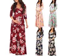 Womens Maternity Dress UK Sale Clearance Ladies Flowers Printed Gown Pregnant Skirt Long Sleeve Maxi V-Neck Full Length Dresses with Belt Dress Casual Summer Gown Loose Fit Skirt Swing Maxi Red