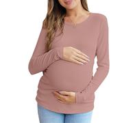 Women's Maternity Fall Tops Long Sleeve Crew Neck Ribbed Knit Slim Fitted Blouse Side Ruched Pregnancy Shirts, Long Sleeve-light Brown, S