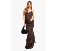 Womens Maternity Leopard Print Mesh Ruffle Hem Detail Strappy Maxi Dress - Brown - 16, Brown