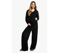 Womens Maternity Lounge Soft Textured Drawstring Wide Leg Trouser - Black - 8, Black