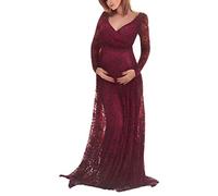 Women's Maternity Photography Lace V Neck Dress for Mother Photo Props - Elegant Pregnant Trailing Gown - Ladies Maxi Photoshoot Dress - Loose Plus Size for Party Evening - Wine Red