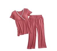 Womens Maternity Pyjamas Two-Piece Short Sleeve V-Neck Nursing Top with Chest Pads Drawstring Capris Pregnant Set Casual Comfy Loungewear Suits Mother Sleepwear Set Watermelon Red