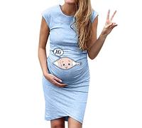 Women's Maternity Sleeveless Tank Dress Ruched Funny Baby Print Pregnancy Dress Scoop Neck Casual Mama Clothes Bodycon Clothing Summer Sky Blue
