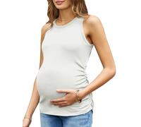 Women's Maternity Tank Tops Summer Sleeveless Crew Neck Ribbed Knit Slim Fitted Blouse Side Ruched Pregnancy Shirts, White, M