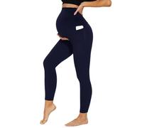 Women's Maternity Yoga Leggings, Lounge Soft Workout Over The Belly Compression Yoga Capri Pants with Pocket Pregnancy (Navy Blue,S)