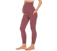 Women's Maternity Yoga Leggings, Lounge Soft Workout Over The Belly Compression Yoga Capri Pants with Pocket Pregnancy (Red,L)