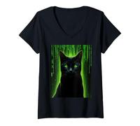 Womens Matrix Cat Art Cool V-Neck T-Shirt
