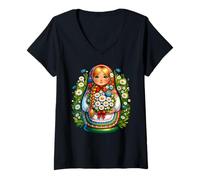 Womens Matryoshka in Russian Matryoshka Doll Khokhloma and Russians V-Neck T-Shirt