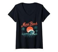 Women's Maui Beach Hawaii Sunset Wave Palm Trees V-Neck T-Shirt