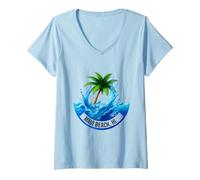 Womens Maui Beach, HI Palm Tree Wave Design V-Neck T-Shirt