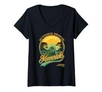 Women's Mavericks Half Moon Bay Surfing Retro Sunset Graphic V-Neck T-Shirt