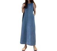 Womens Maxi Denim Dress Casual, Sleeveless Crewneck Maxi Long Jean Vest Shift Plain Long Dress with Pocket Vintage Casual (Blue,M)