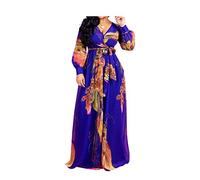 Womens Maxi Dress Boho Chiffon Floral Printed Long Dresses V-Neck Plus Size (FBA) - Blue - Medium