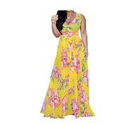 Womens Maxi Dress Boho Chiffon Floral Printed Long Dresses V-Neck Plus Size (FBA) - Yellow - X-Large