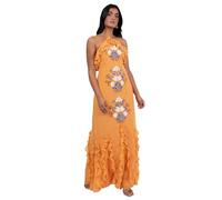 Women's Maxi Dress Ladies Halterneck Sleeveless Floral Sequin Embellished Waterfall Ruffle Wedding Guest Occasion Prom