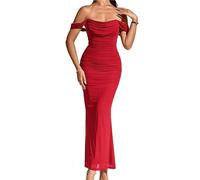Womens Maxi Dress,Off The Shoulder Maxi Long DressCorset Ruched Bodycon Formal Wedding Guest Dresses(Red,XL)