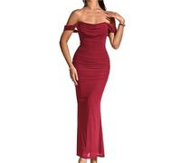 Womens Maxi Dress,Off The Shoulder Maxi Long DressCorset Ruched Bodycon Formal Wedding Guest Dresses(Burgundy,XS)