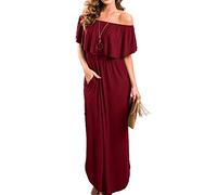 Womens Maxi Dress Off The Shoulder Ruffle Dresses Side Split Long Maxi Dress (Wine L)