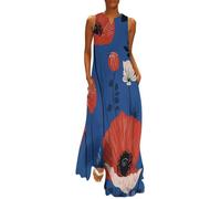 Womens Maxi Dress Poppy Flowers Pattern Summer Beach Dress Country Style Casual Sleeveless Long Dresses with Pocket for Daily, Holiday, Travel, Maternity Blue